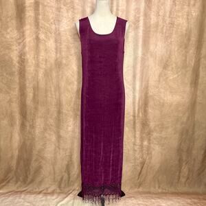 Vintage 90s Purple Sleeveless Fringe Maxi Dress Shift Ribbed Lace Boho Grunge